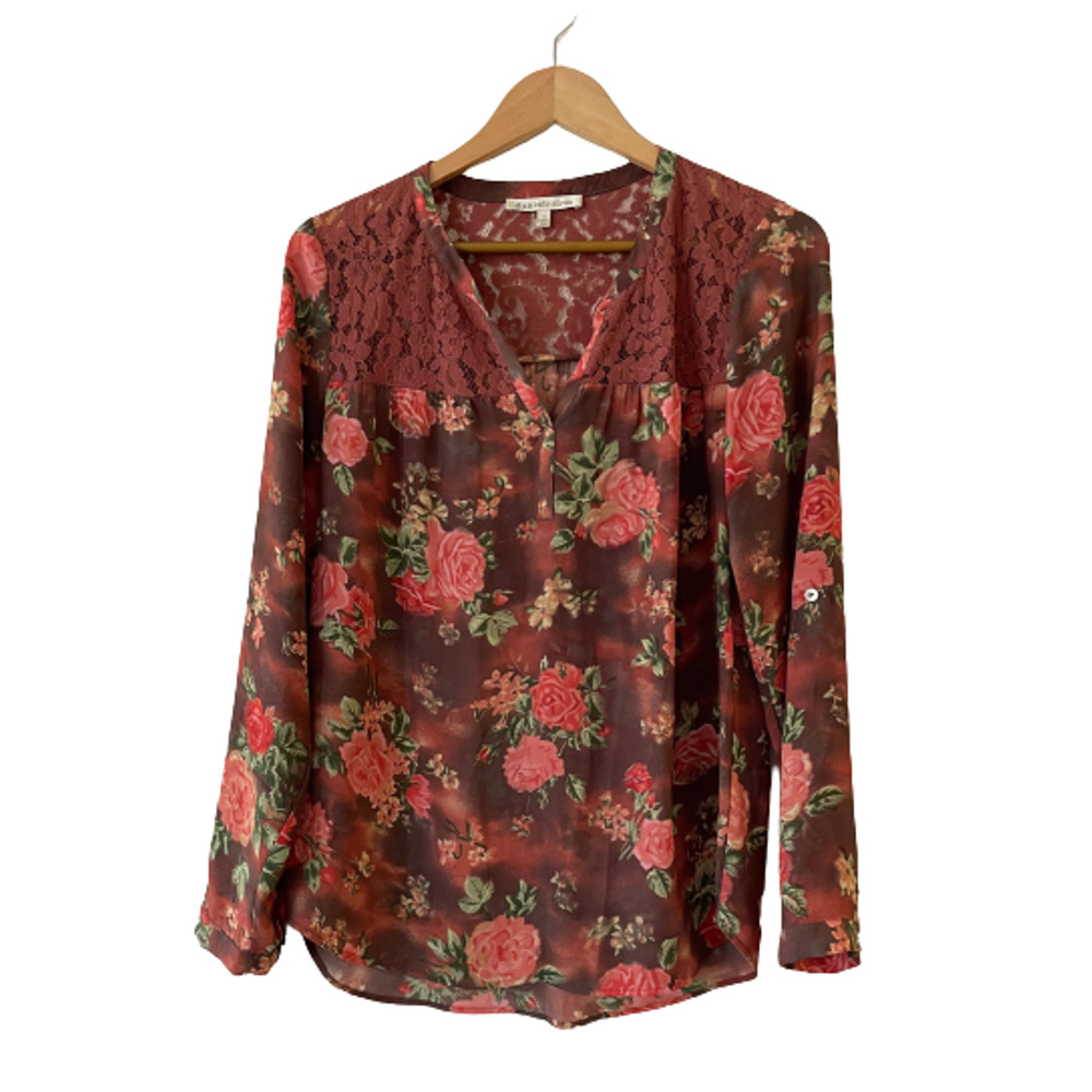 Daniel Rainn Burgundy Floral Lace Accent Roll Tab Sleeve Blouse Medium V-Neck